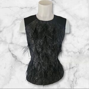 BCBG Max Azria “Cailin” Feather Trim Textured Black Top | NWT $268 | Size S